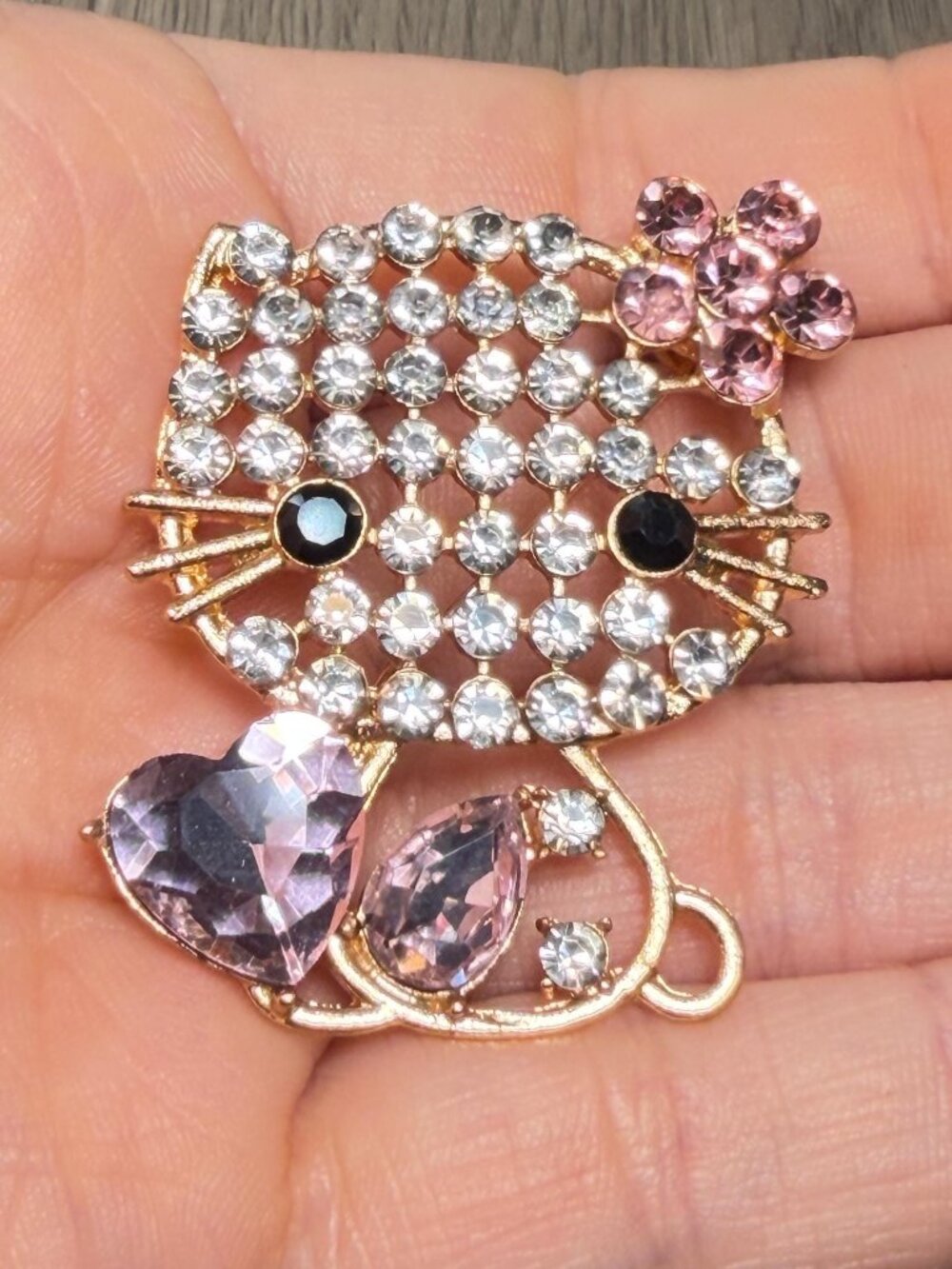Hello Kitty Style Brooch with Pink Rhinestone Flower and Crystal Heart Pin 2.25